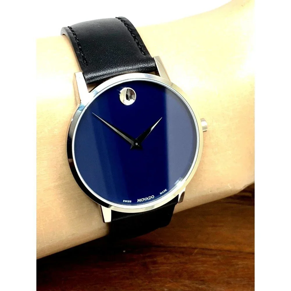 Movado Men's Watch 0607270 Museum Swiss Quartz Blue Dial Black Leather B…